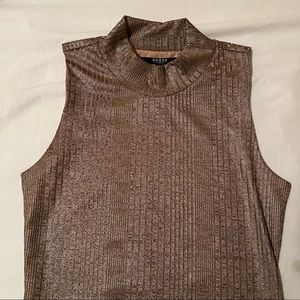 Guess Gold Ribbed Bodycon Mock Neck Shimmer Sparkle Dress Size M